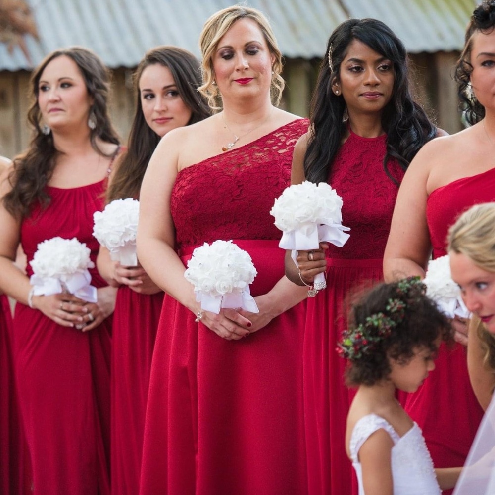 David's Bridal Bridesmaid Dress Evening Gown Red One Shoulder Lace Satin Size 20